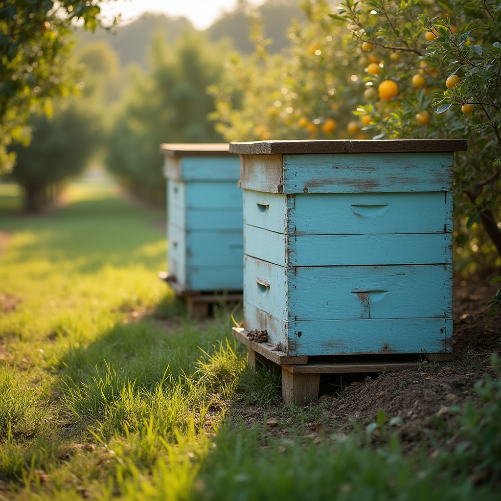 Colmenas de abejas junto a frutales en un lote agroforestal como ejemplo de diversificación de ingresos