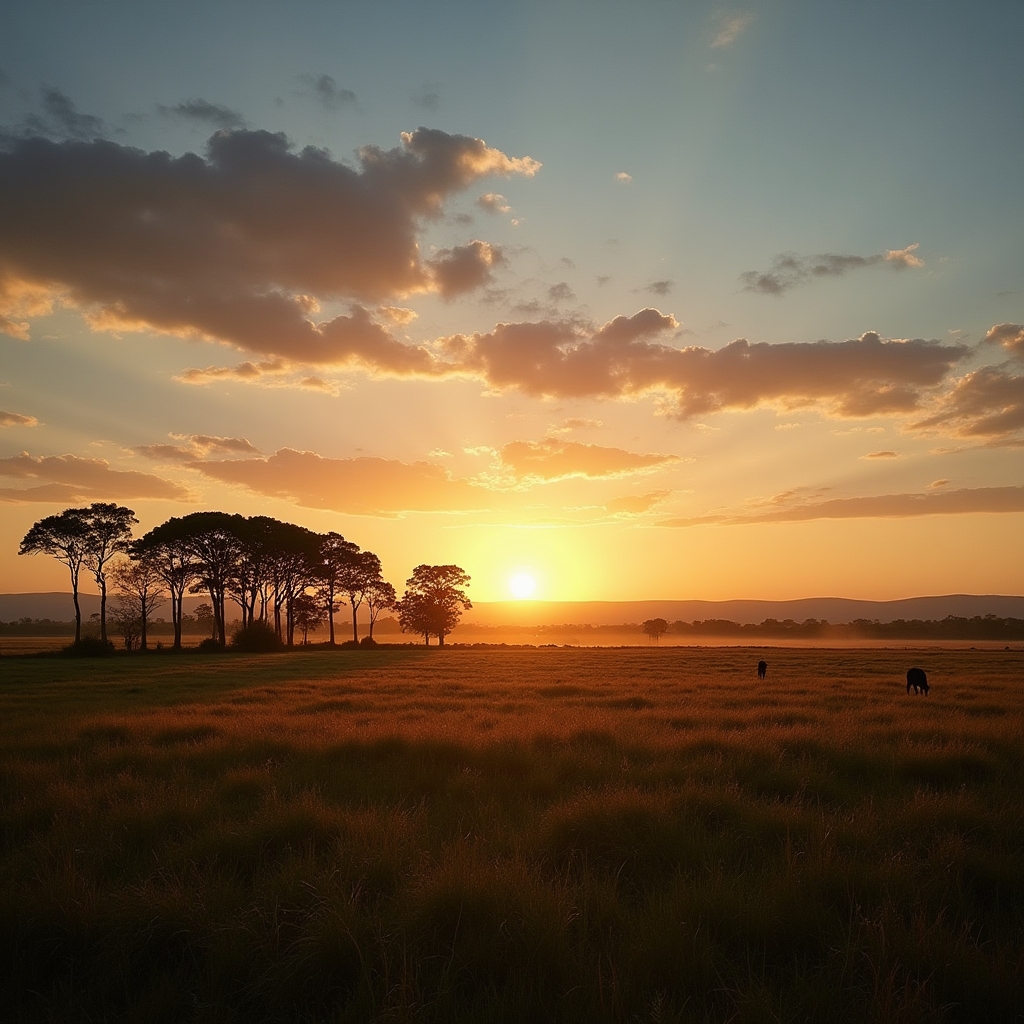 Paisaje rural de Corrientes al atardecer con potreros combinados y una línea de árboles en el horizonte
