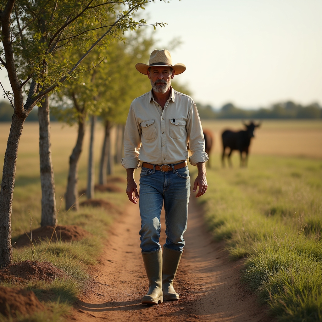 Productor rural recorriendo a pie un potrero con árboles jóvenes y pastura en la Mesopotamia argentina